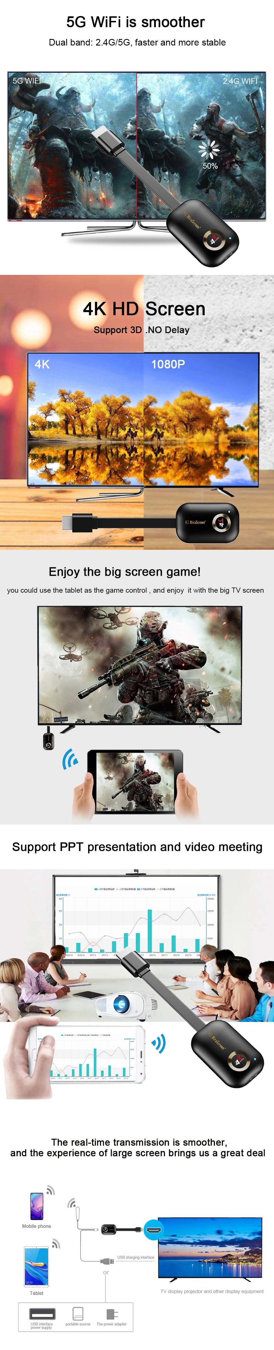 Mirascreen G9 Plus 2.4G/5G 4K Wireless H.265 HD Wifi Display Dongle for Miracast Airplay DLNA TV Stick for For Android IOS to TV
