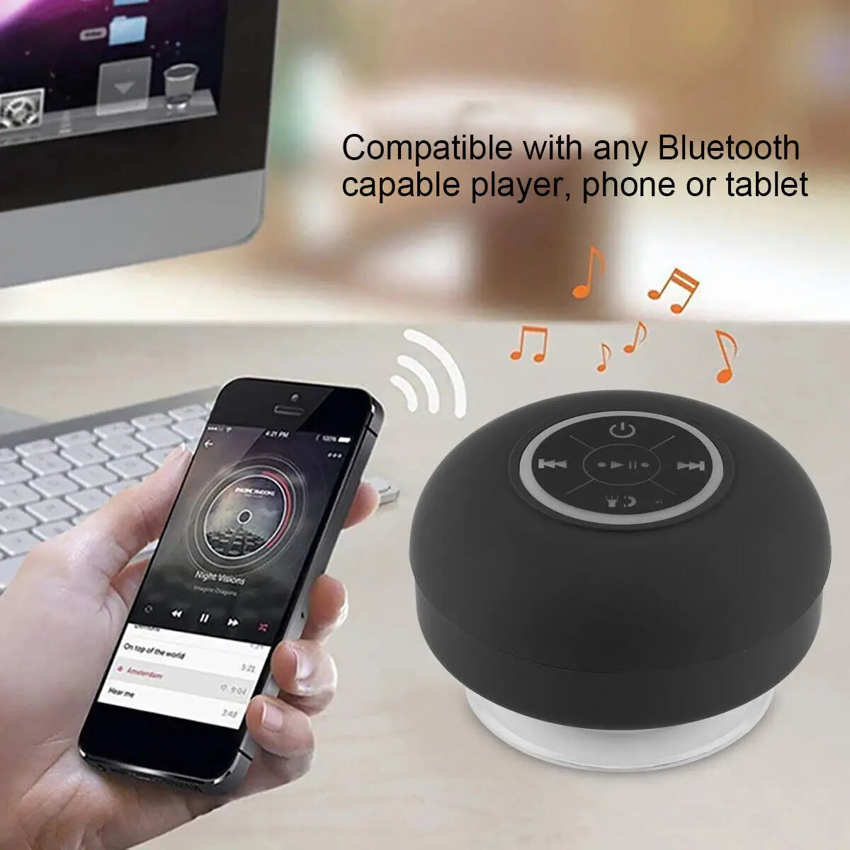 Portable Wireless Bluetooth Speaker Waterproof Suction For Shower Bathroom Black