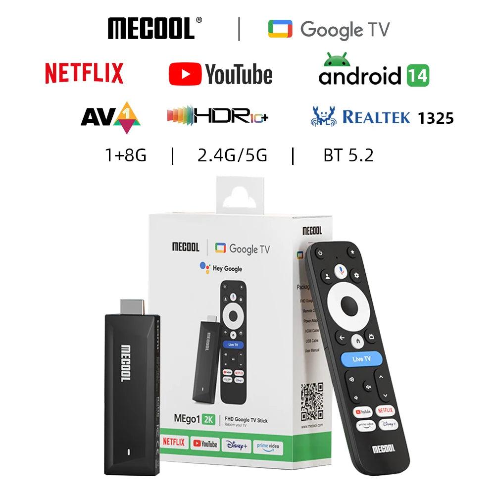 MECOOL Android TV Stick MEgo 1 2K Android 14 Google TV OS Netflix Chromecast TV 1+8G WIFI 2.4G/5G HDR10+ TV Box Vs Fire TV Stic