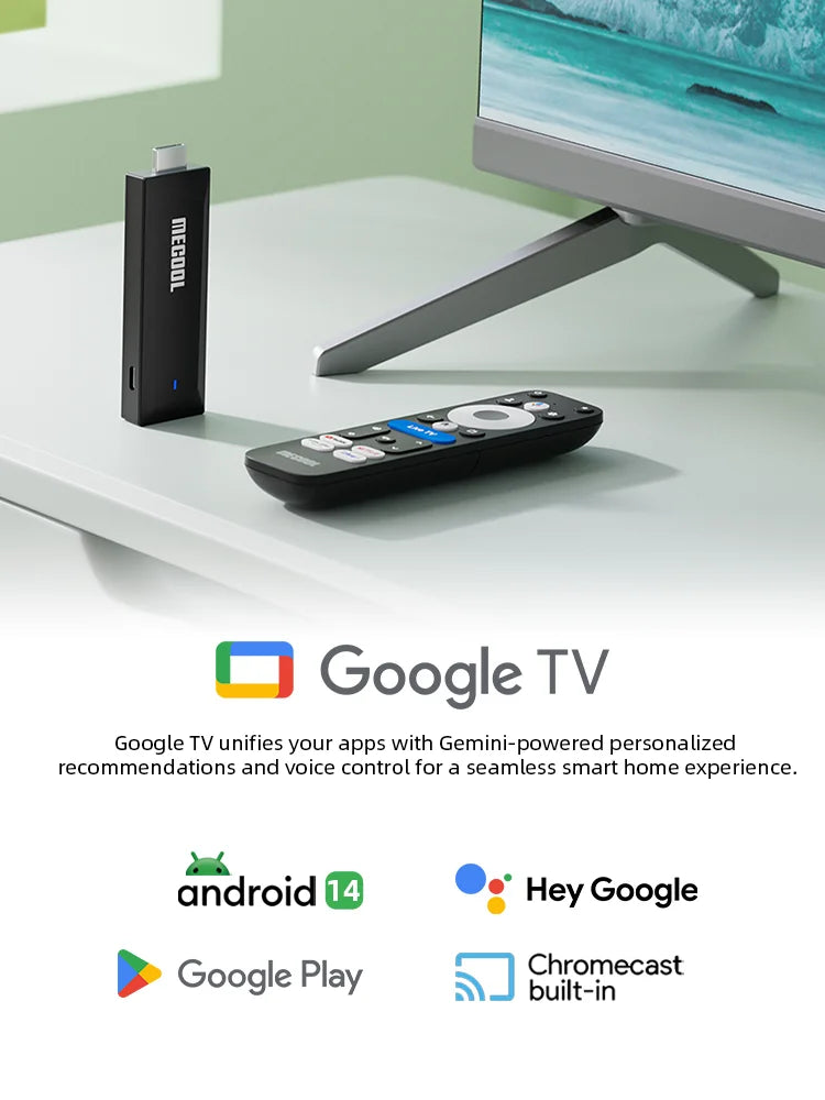 MECOOL Android TV Stick MEgo 1 2K Android 14 Google TV OS Netflix Chromecast TV 1+8G WIFI 2.4G/5G HDR10+ TV Box Vs Fire TV Stic