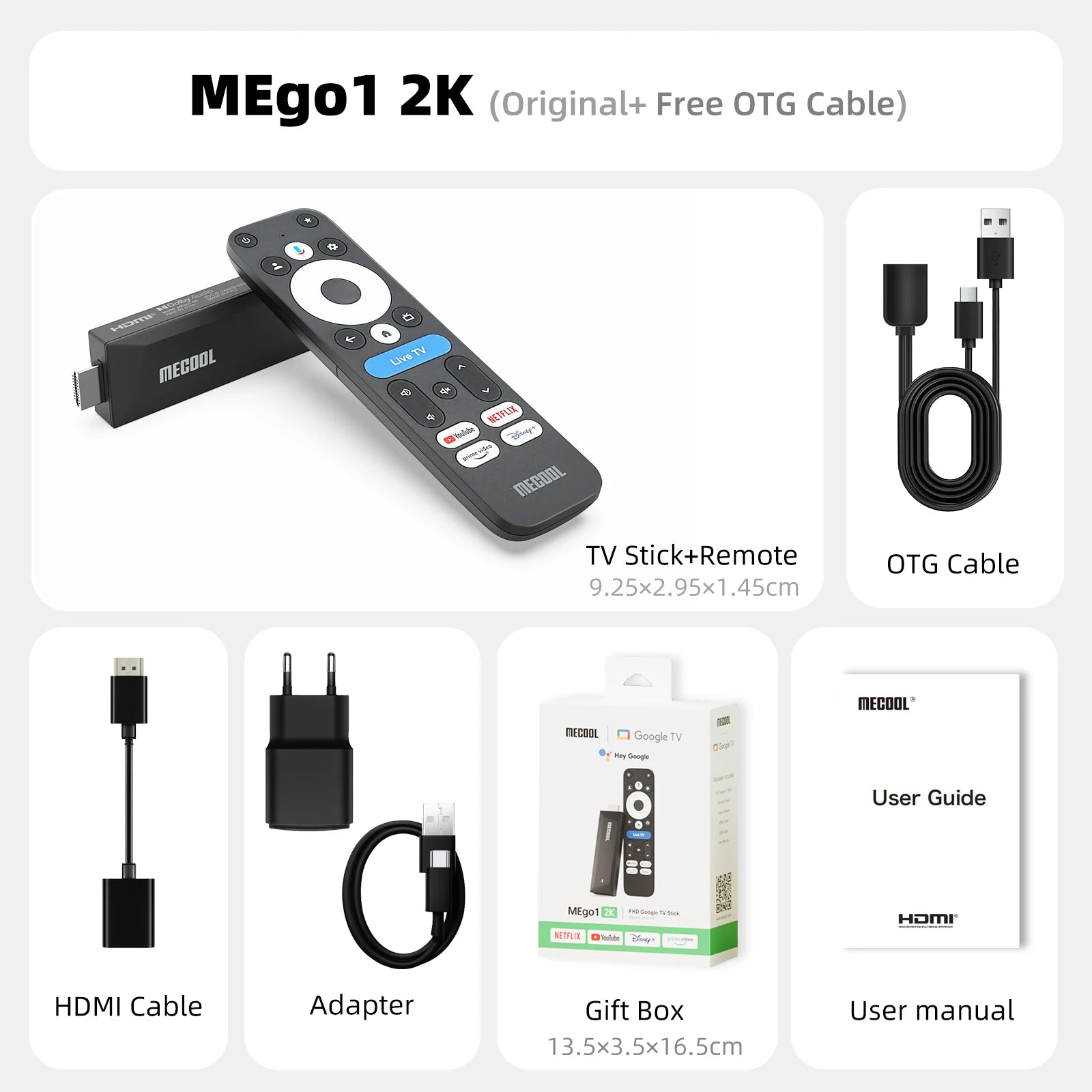 MECOOL Android TV Stick MEgo 1 2K Android 14 Google TV OS Netflix Chromecast TV 1+8G WIFI 2.4G/5G HDR10+ TV Box Vs Fire TV Stic