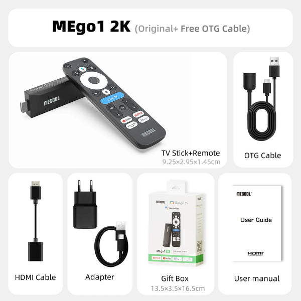MECOOL Android TV Stick MEgo 1 2K Android 14 Google TV OS Netflix Chromecast TV 1+8G WIFI 2.4G/5G HDR10+ TV Box Vs Fire TV Stic