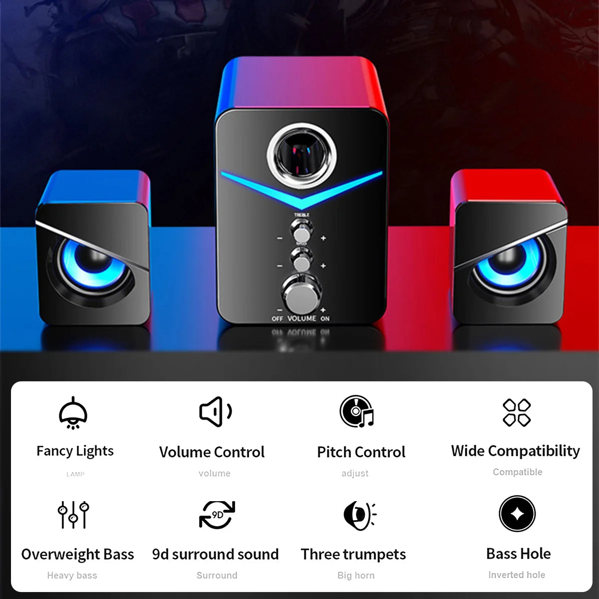 Computer Speakers System Stereo Bass Subwoofer For  Desktop Laptop USB Wired Desktop PC Speaker With RGB LED Light 3.5mm Jack