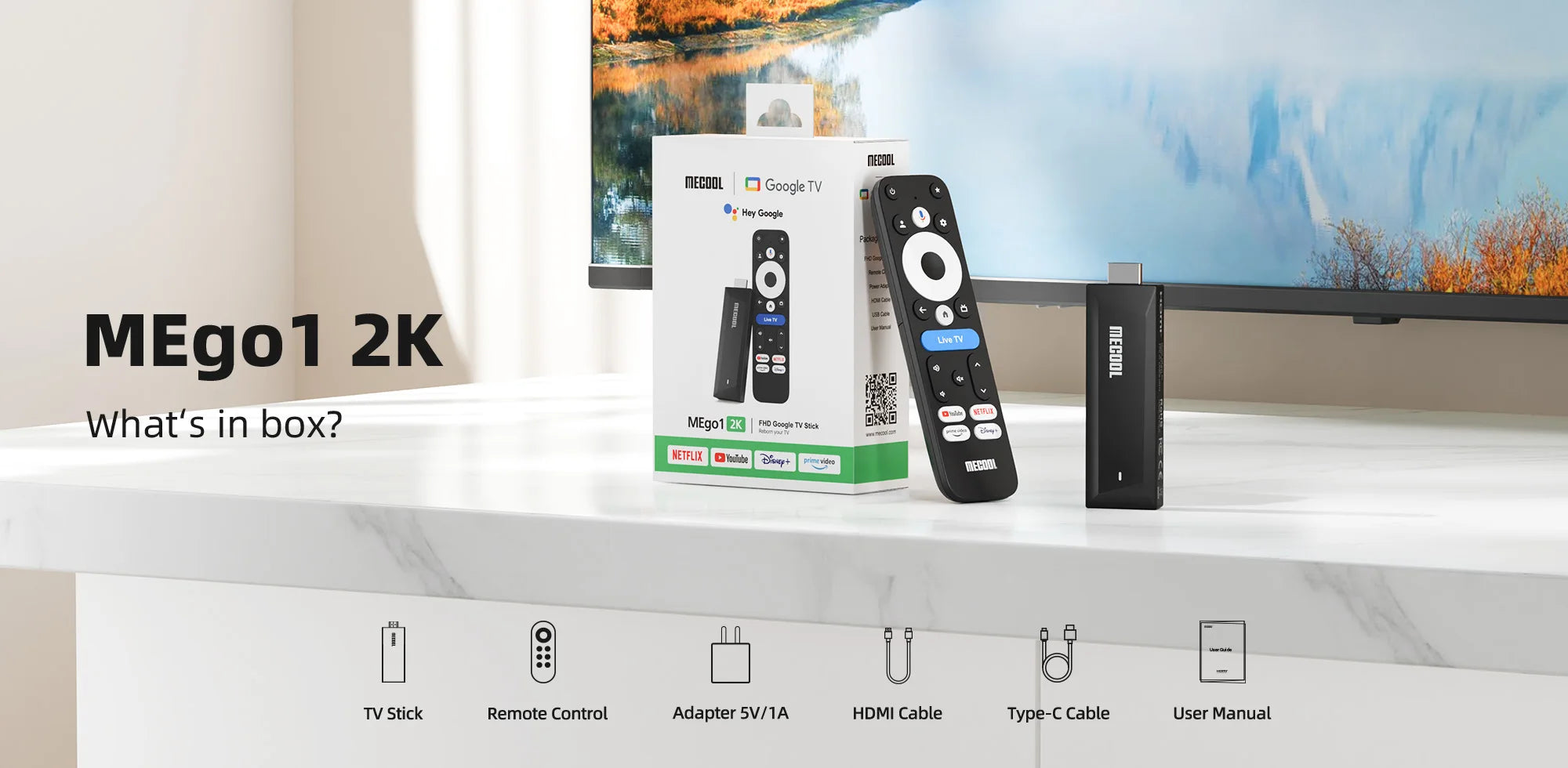 MECOOL Android TV Stick MEgo 1 2K Android 14 Google TV OS Netflix Chromecast TV 1+8G WIFI 2.4G/5G HDR10+ TV Box Vs Fire TV Stic