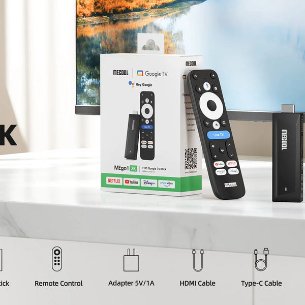 MECOOL Android TV Stick MEgo 1 2K Android 14 Google TV OS Netflix Chromecast TV 1+8G WIFI 2.4G/5G HDR10+ TV Box Vs Fire TV Stic