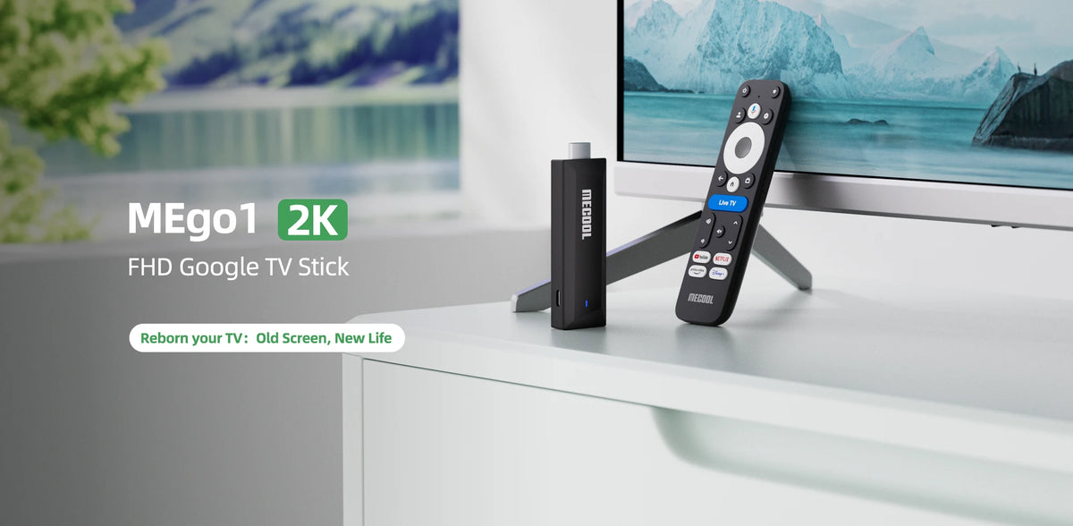 MECOOL Android TV Stick MEgo 1 2K Android 14 Google TV OS Netflix Chromecast TV 1+8G WIFI 2.4G/5G HDR10+ TV Box Vs Fire TV Stic