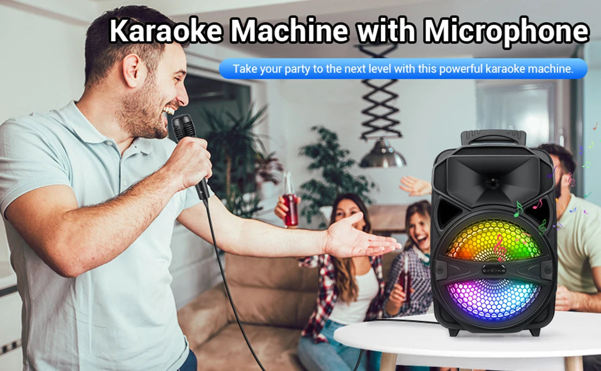 8"1000W Portable Bluetooth Speaker Heavy Bass Sound System Party DJ With Microphone and Remote RGB Led Light USB TF FM Subwoofer