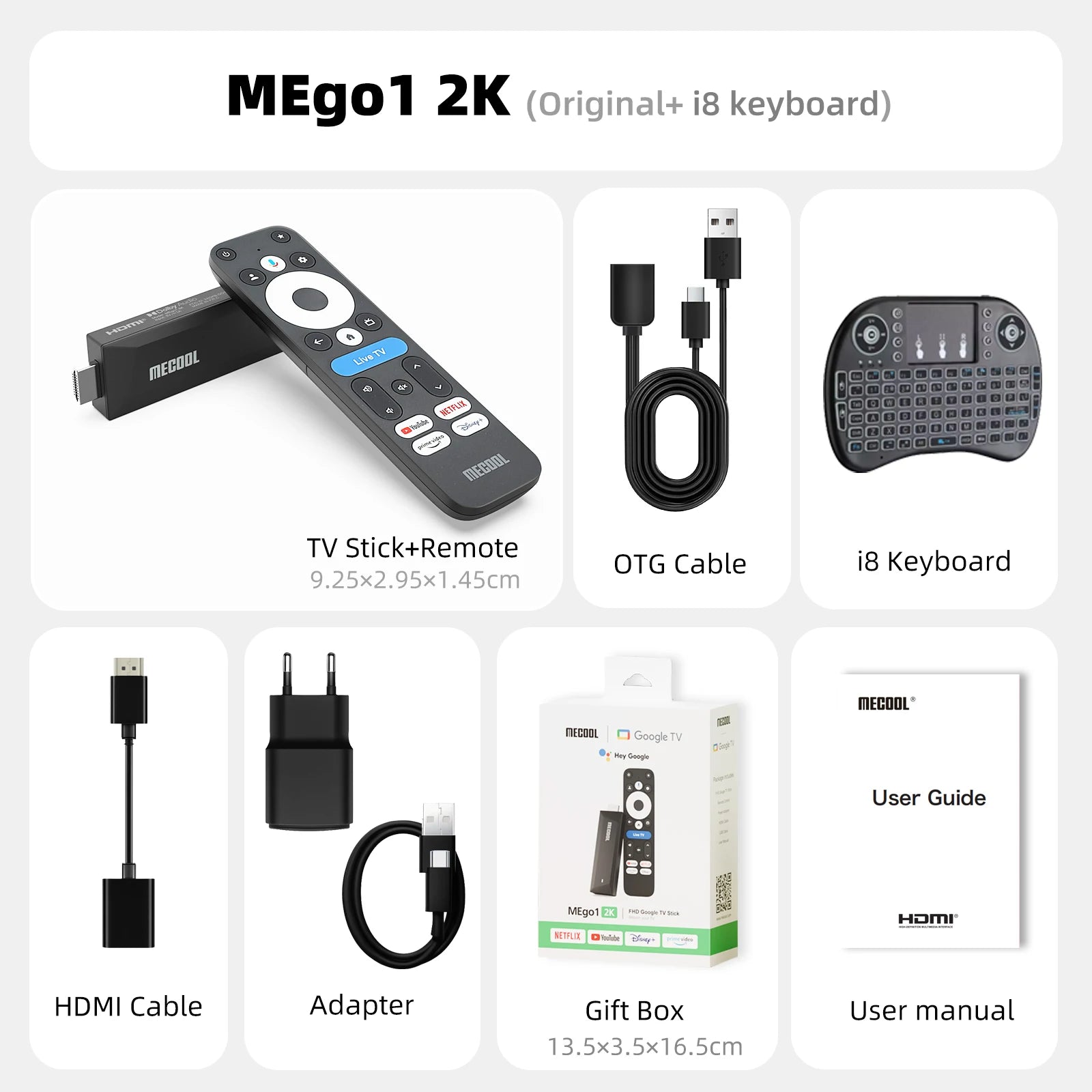 MECOOL Android TV Stick MEgo 1 2K Android 14 Google TV OS Netflix Chromecast TV 1+8G WIFI 2.4G/5G HDR10+ TV Box Vs Fire TV Stic