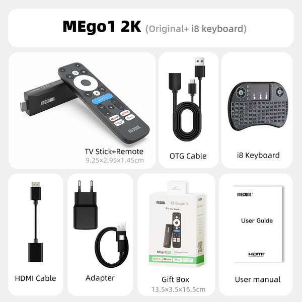 MECOOL Android TV Stick MEgo 1 2K Android 14 Google TV OS Netflix Chromecast TV 1+8G WIFI 2.4G/5G HDR10+ TV Box Vs Fire TV Stic