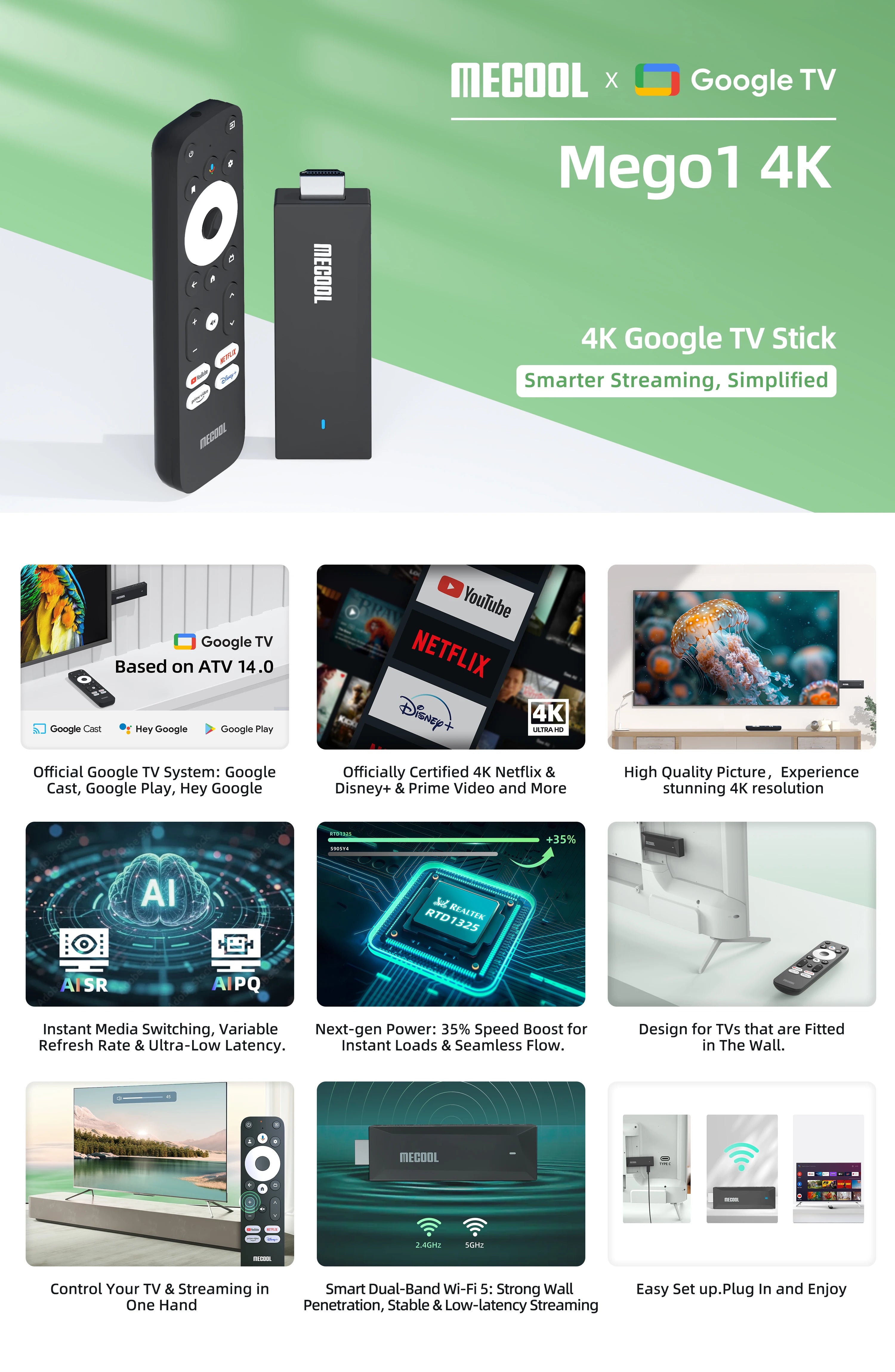 MECOOL MEgo 1 TV Stick Reltek Quad-core 8GB Google Android TV Sticks 4K Dolby Netflix TV Box 2025 High Quality Consoles