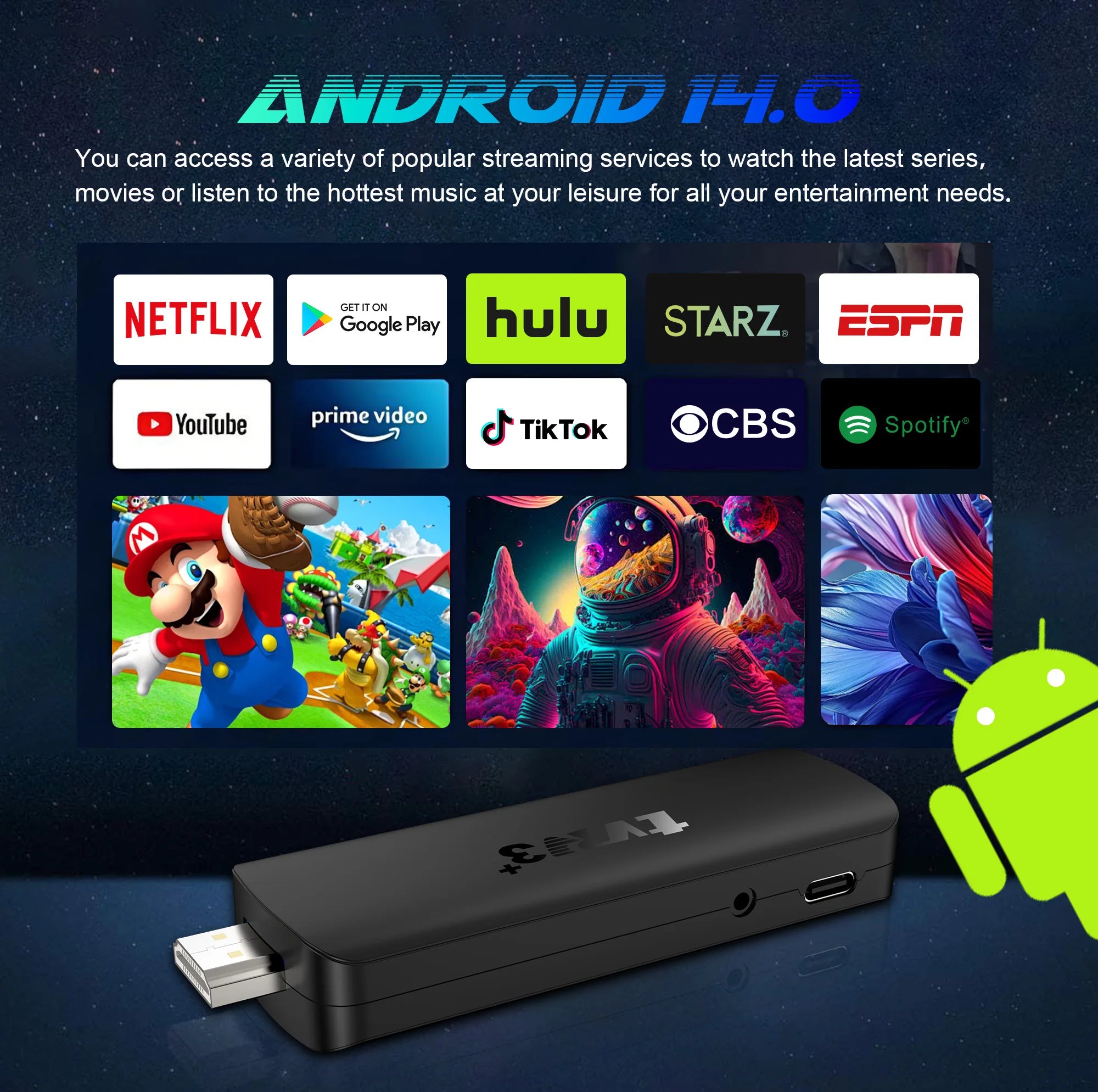 4K TV Stick Smart Android TV Stick RK3518 Quad Core Voice Remote Control WiFi6 8K HDR Android 14 TV Stick 2GB 16GB