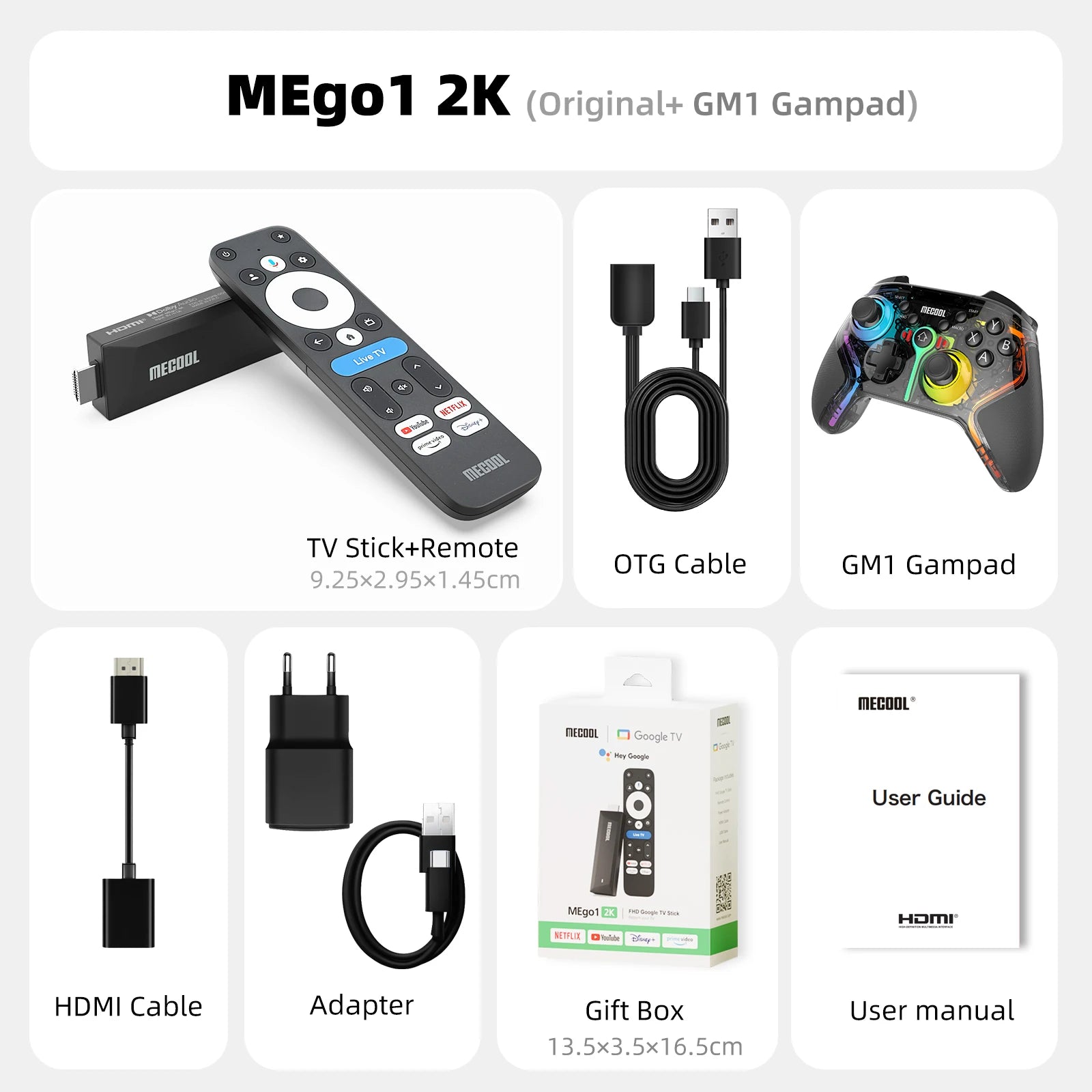 MECOOL Android TV Stick MEgo 1 2K Android 14 Google TV OS Netflix Chromecast TV 1+8G WIFI 2.4G/5G HDR10+ TV Box Vs Fire TV Stic