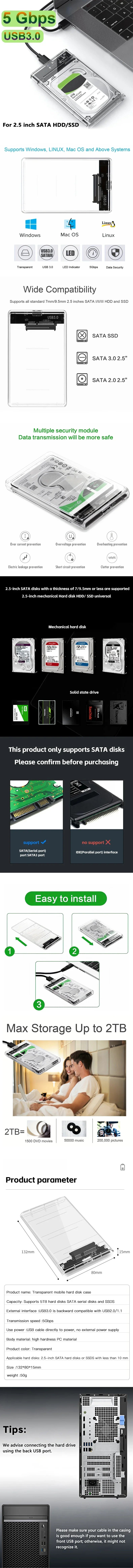 USB3.0 External HDD Case 5 6 Gbps 2.5 Inch Transparent Hard Disk Case Hard Drive Enclosure SATA HDD SSD Storage Case for Laptop