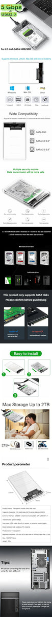 USB3.0 External HDD Case 5 6 Gbps 2.5 Inch Transparent Hard Disk Case Hard Drive Enclosure SATA HDD SSD Storage Case for Laptop