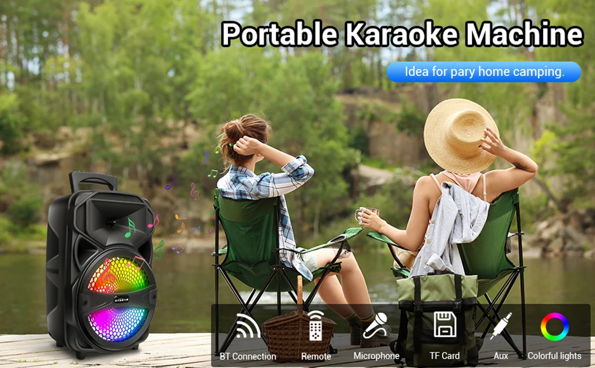 8"1000W Portable Bluetooth Speaker Heavy Bass Sound System Party DJ With Microphone and Remote RGB Led Light USB TF FM Subwoofer